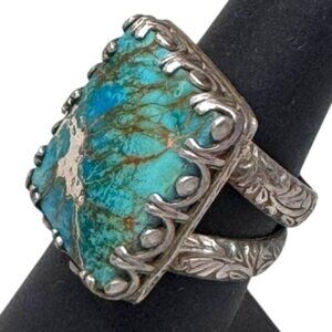 Vintage Artisan Statement Detailed Ring Sterling Silver Turquoise Stone Ornate 6